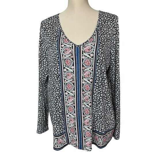 J. Jill Tops - J Jill Women boho top Black Floral Medium V Neck long sleeve